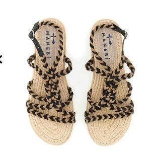 Manebi Black and Tan Braided Jute Sandals with Buckled Straps